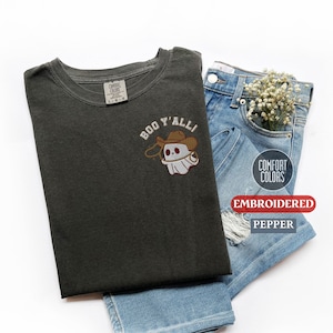 Comfort Colors® EMBROIDERED Halloween Shirt, Сute Cowboy Ghost Boo Y&#39;all Tee, Funny Fall Spooky Season T-Shirt Gift for Girlfriend, Mom Gift
