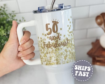 Personalized 50th Birthday Tumbler, Custom Birthday Gift for Best Friend, 50th Birthday 40oz Tumbler with Straw,Birthday Tumbler with Handle