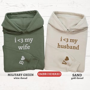 Personalized EMBROIDERED Hoody, Custom I Love My Wife Husband Hooded Sweater,Couples Matching Initial Hoodie,Valentines Day Gift for Him Her