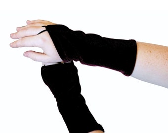 Gants courts en velours VM - Mitaines en velours noir Goth Noël Steampunk manchettes Gants de mariage alternatifs victorien