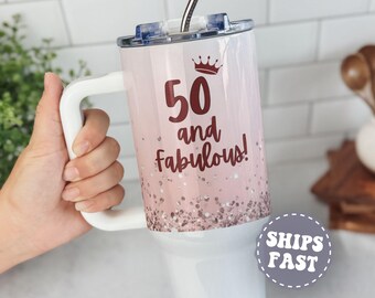 Personalized 50th Birthday Tumbler, Custom Birthday Gift for Best Friend, 50th Birthday 40oz Tumbler with Straw,Birthday Tumbler with Handle