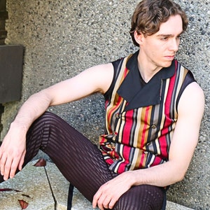 The VM Mens Double Breasted Waistcoat - Red Stripe Tapestry Victorian Steampunk Alternative Wedding Vest Goth Renaissance Medieval Waistcoat