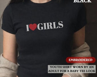 Personalized EMBROIDERED Baby Tee Shirt, Custom Lesbian Pride I Heart Girls Baby Tees, Minimalist Girly Girls LGBTQ Pride Party Group Shirts
