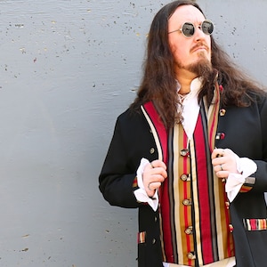 The VM Men&#39;s Waistcoat - Red Stripe Tapestry Handmade Victorian Steampunk Alternative Wedding Vest Gothic Medieval Renaissance Dark Academia
