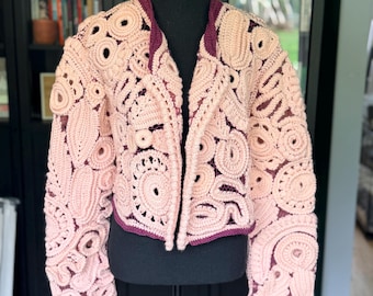 Handmade Irish Crochet Lace Bomber Jacket | Blush Pink & Purple Lacework