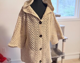 Irish Crochet Hooded Cardigan | Handmade Boho Sweater | One-of-a-Kind Lace Panel Jacket | Cottagecore Outerwear