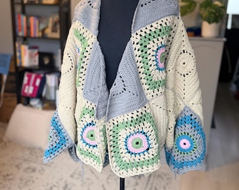 Crochet Granny Square Cardigan | Boho Patchwork Sweater | Handmade Oversized Crochet Jacket | Cottagecore Festival Clothing