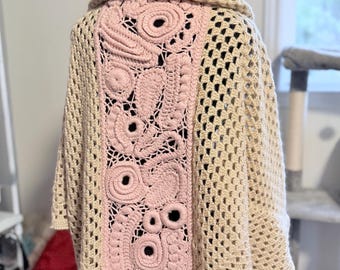 Irish Crochet Hooded Cardigan | Handmade Boho Sweater | One-of-a-Kind Lace Panel Jacket | Cottagecore Outerwear