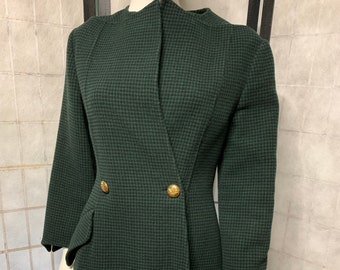 Geoffrey Beene Skirt Suit Green and Black Checked Jacket and Black Wool Skirt