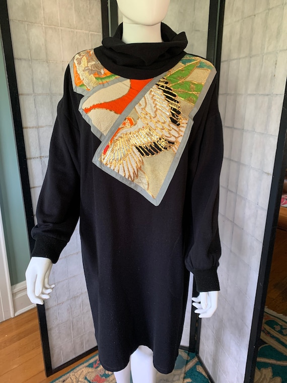Obi adorned Black Sweatshirt Material Dress