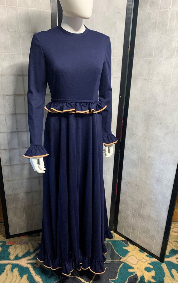 Anne Fogarty Navy Blue Wool Knit Maxi Dress 1970's