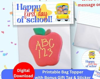 新学期のお菓子バッグトッパー、新学期初日のお祝いクッキーバッグトッパー、ボーナスギフトタグ＆バッグステッカー付き、即時ダウンロードバンドル