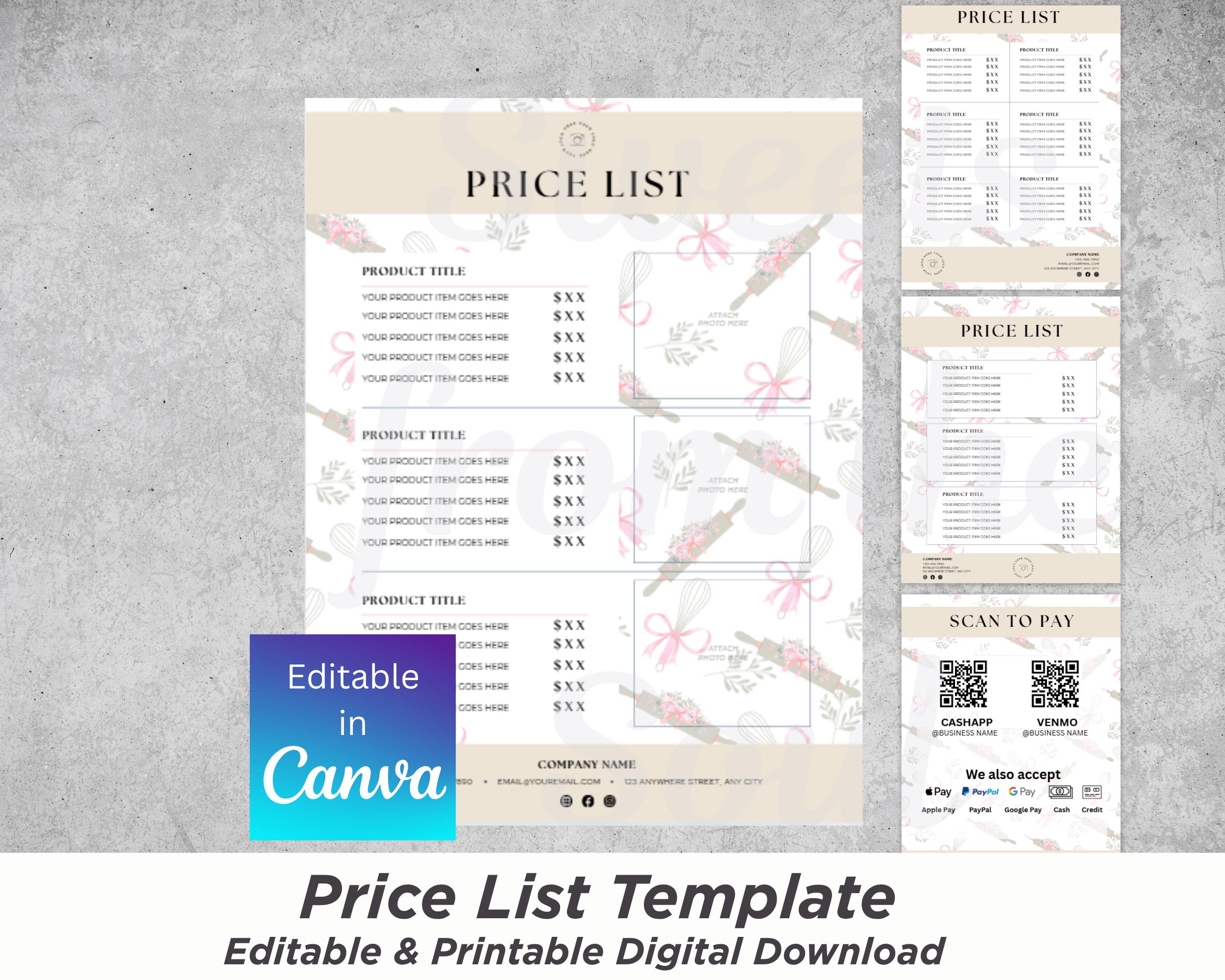 Price List Text Editable Price List Template Canva: Pastel Business Design (digital ...