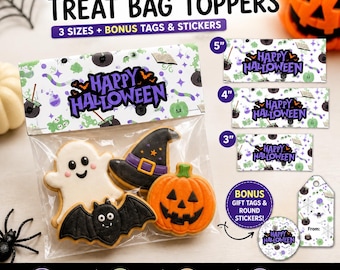 ハロウィンのお菓子袋用トッパー（印刷可能）、クッキー袋用トッパー、ハロウィンのお菓子袋、パーティーグッズ用タグ＆ステッカー