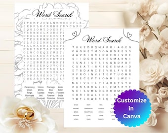 Peut inclure: Deux jeux de mots sur le thème du mariage avec un fond floral. Les puzzles présentent des mots liés au mariage comme "mariée", "marié" et "cérémonie". Un ensemble d'alliances dorées est au premier plan. L'image comprend le texte "Personnaliser dans Canva."