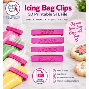 以下が含まれることがあります： STIFF、PIPING、HYBRID、FLOODの文字が刻印された、鮮やかなピンク色の3Dプリント用アイシングバッグクリップ4個セット。クリップは様々な色のアイシングバッグを留めており、デジタルSTLファイルとして提供されています。
