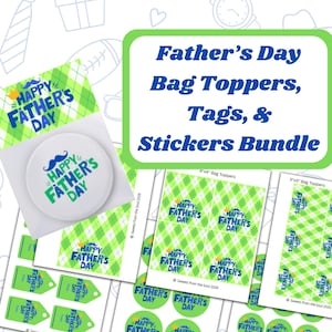 May include: A bundle of Father's Day themed paper goods, including bag toppers, tags, and stickers. The designs feature a green and white argyle pattern and the text "Happy Father's Day" with a mustache graphic. The bundle includes various sizes and shapes.