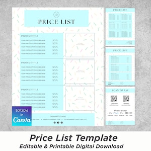 May include: A light blue price list template with the words "PRICE LIST" at the top. The template includes sections for product titles and prices, with a pastel confetti pattern background. The template is editable in Canva.