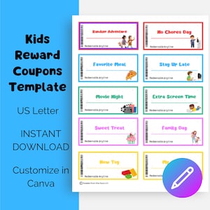 Printable Kids Reward Coupons Template, Editable Coupon Book,  Birthday Coupon, Editable Kids Coupons Instant Download