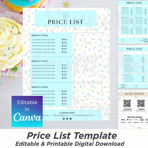Price List Template, Sprinkles Bakery Theme, Editable Price List Template Canva Bakery Business Template Cottage Bakery Scan to Pay Template