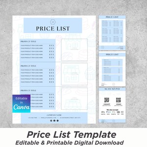 May include: A light blue price list template with the text "PRICE LIST" at the top. The template includes sections for product titles and prices, with bakery-themed illustrations. The bottom of the template includes the text "Editable in Canva".