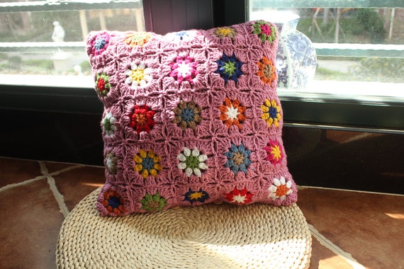 Crocheted Throw Pillowgranny Square Crochet Etsy