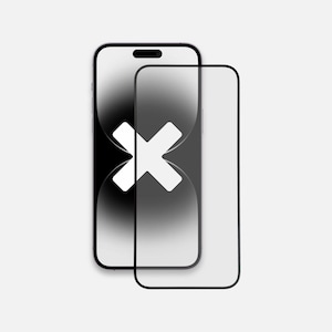 May include: A clear phone screen protector with a black frame, shown over a black phone case with a white X in the centre.