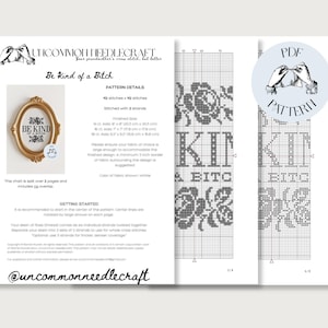 Op de afbeelding: Een PDF-kruissteekpatroon met de tekst "Be Kind of a Bitch" en bloemmotieven. Het patroon bevat een goudkleurig omlijnd ontwerp met de woorden "Be Kind". Het patroon is verdeeld over twee pagina's.