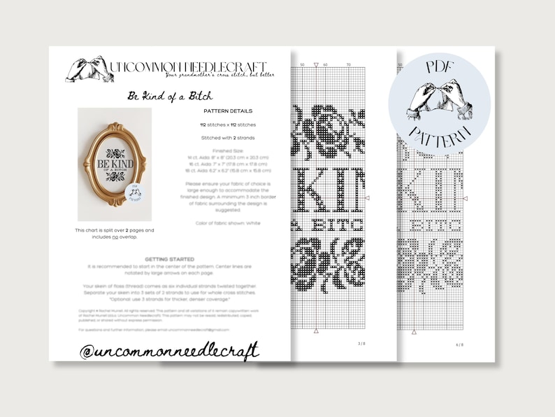 Op de afbeelding: Een PDF-kruissteekpatroon met de tekst "Be Kind of a Bitch" en bloemmotieven. Het patroon bevat een goudkleurig omlijnd ontwerp met de woorden "Be Kind". Het patroon is verdeeld over twee pagina's.