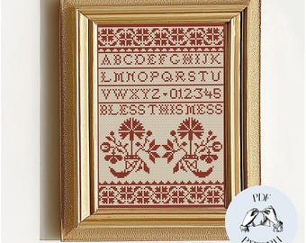 Bless This Mess - Modern Sampler Funny Cross Stitch Pattern, Digital PDF, Subversive, Snarky, Simple