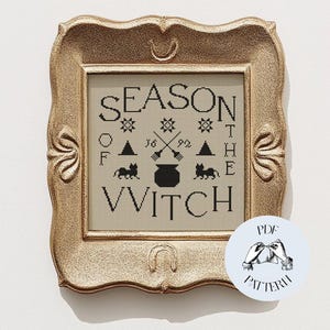 Witchy Gothic Cross Stitch Pattern, Halloween Simple Primitive Sampler Cross Stitch Chart, Cute Spooky Pattern Cross Stitch