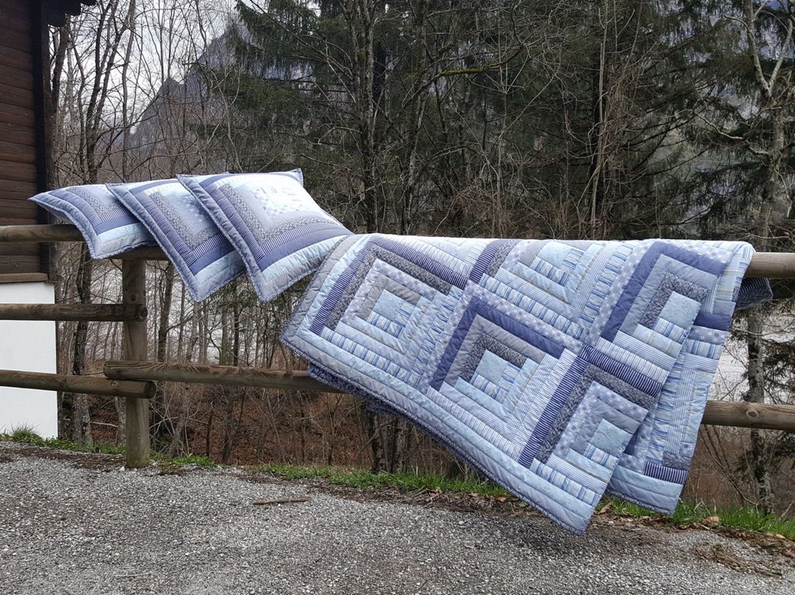 King Size Patchwork Quilt. Blue Country Quilt Set. Personalized