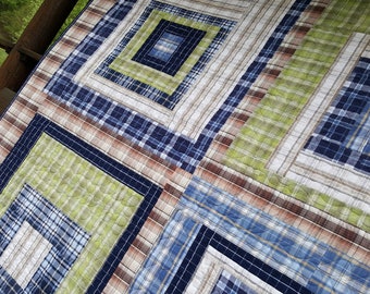 Plaid rustic patchwork quilt. Check blanket. Abstract throw. Сheckered coverlet. Blue queen Brown rag bedspread. Tartan themed bed topper.