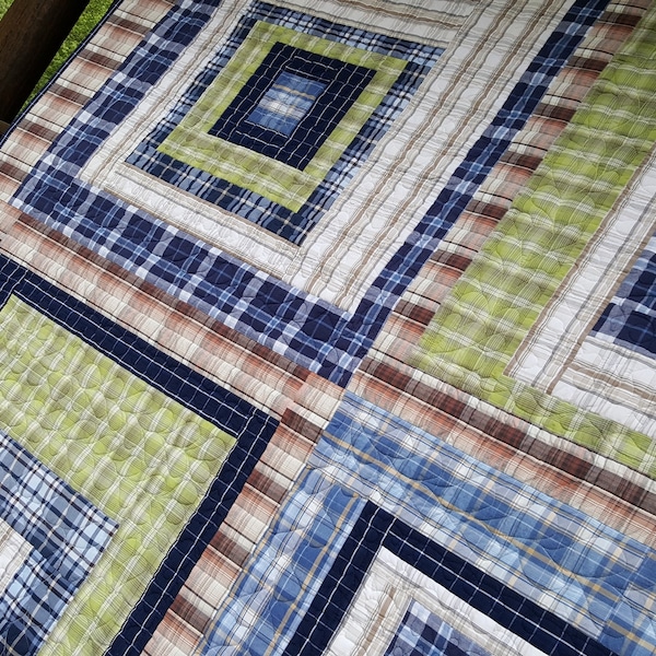 Plaid rustic patchwork quilt. Check blanket. Abstract throw. Checkered coverlet. Blue queen Brown rag bedspread. Tartan themed bed topper.