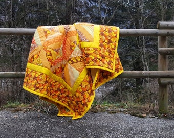 Orange yellow ethnic quilt. Colorful ethnic quilt. Floral traditional custom bedspread. Yellow brown homemade autumn cover. Custom coverlet.