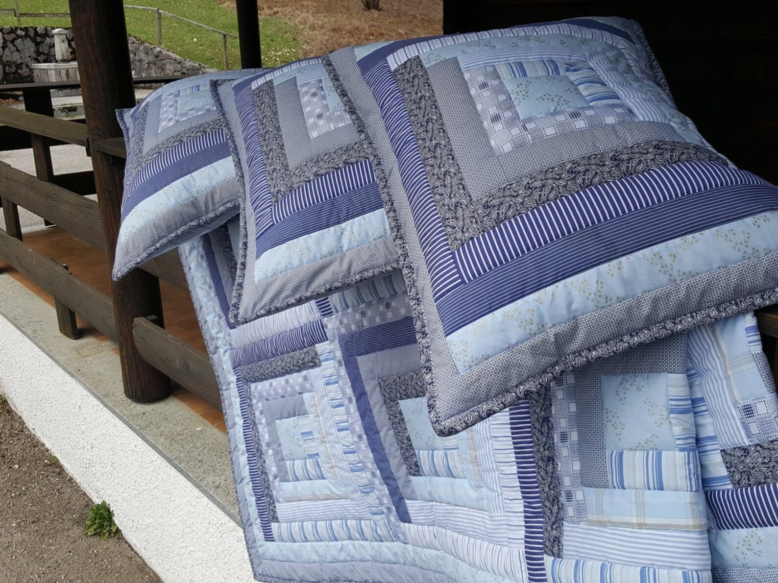 King Size Patchwork Quilt. Blue Country Quilt Set. Personalized