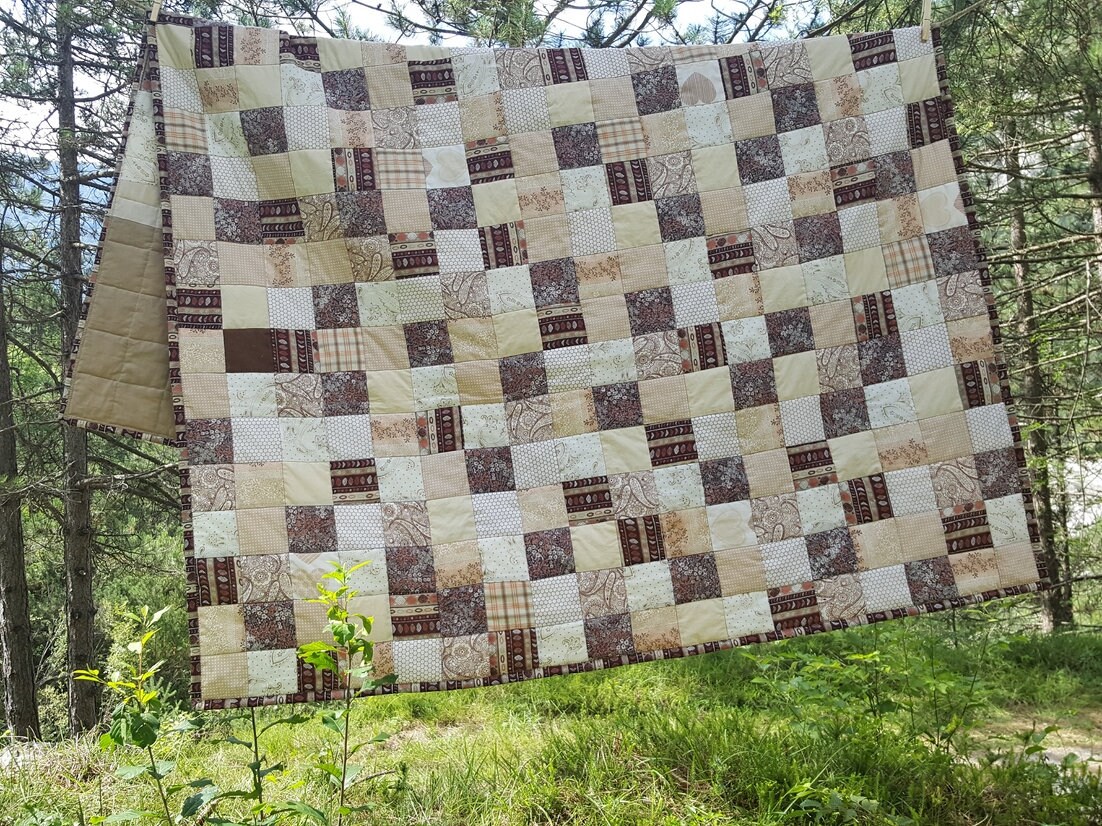 Brown Queen Size Quilt. Beige Modern Bedspread. Colorful Etsy