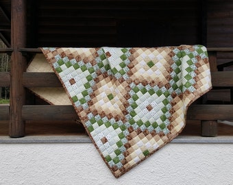 Personalised patchwork quilt. Ethnic bedspread. Brown green custom quilt. Themed rustic throw, autumn cover, traditional lightweight quilt.