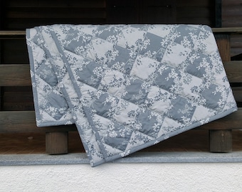 Grey patchwork quilt. Custom summer throw. Quilted rustic blanket. Light grey, dark grey floral coverlet. Flowered king size cover rag quilt