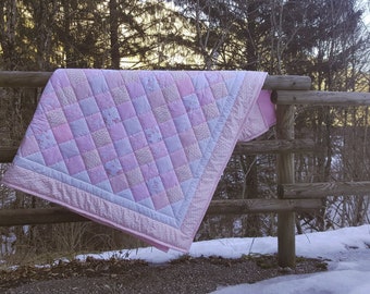 Pink girls blanket. Tender baby patchwork quilt. Kids winter throw. Pastel childrens quilt. Baby lightweight quilt. Personalized bedspread.