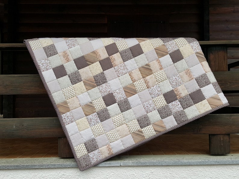 Brown Queen Size Quilt. Beige Modern Bedspread. Colorful Etsy