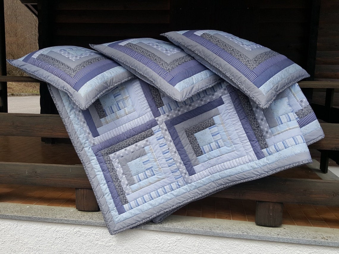 King Size Patchwork Quilt. Blue Country Quilt Set. Etsy