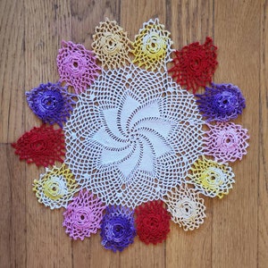 9" CROCHET DOILIE Spring purple yellow white red pink Country FarmHouse craft supply Doily Lace HandMade USA Vintage Classic cotton round