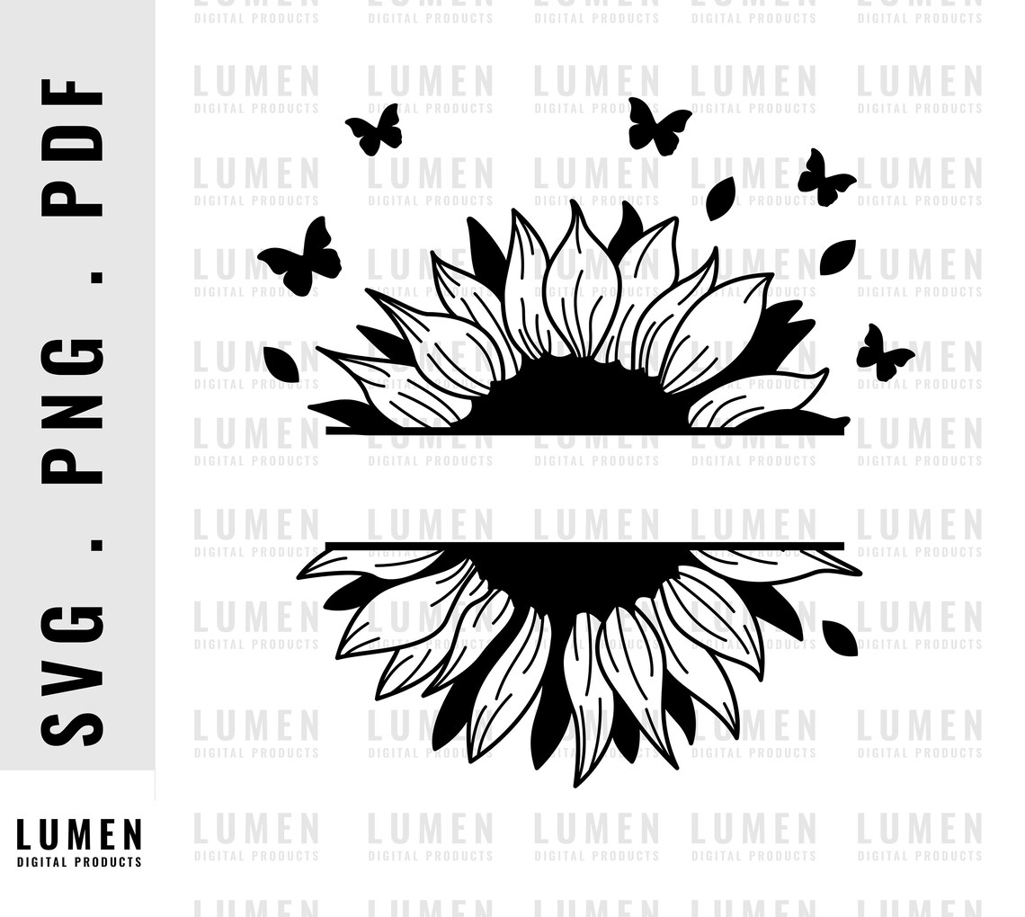Split Sunflower Svg, Sunflower and Butterflies Svg, Split Sunflower Png