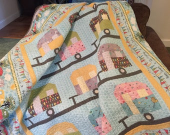 Homemade Quilt/Camper/Retro/Vintage/Aqua/Cotton/Handmade/Blanket/Whimsical/Camping/Retro Decor/Colorful/Pastel/Adorable/Travel Trailer/
