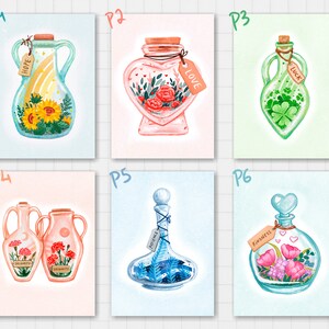 May include: A collection of six watercolor illustrations of decorative glass bottles. Each bottle contains flowers or plants and a tag with a word like "Hope", "Love", "Luck", "Solidarity", "Patience", and "Kindness". The bottles are on a light blue or pink background.