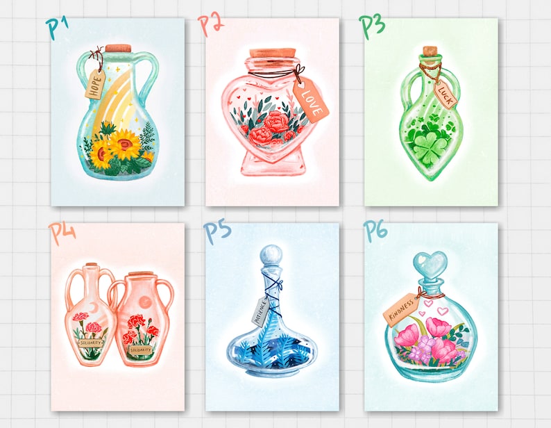 May include: A collection of six watercolor illustrations of decorative glass bottles. Each bottle contains flowers or plants and a tag with a word like "Hope", "Love", "Luck", "Solidarity", "Patience", and "Kindness". The bottles are on a light blue or pink background.