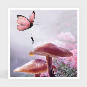Art Print: Leap of Faith • Pink Butterfly Mushrooms Wall Decor • Cute Gift