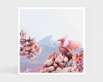 Art Print: Sakura Dragon • Pink Cherry Blossom Wall Decor • Christmas Gift • 20 x 20 cm / 7.9 x 7.9 inches