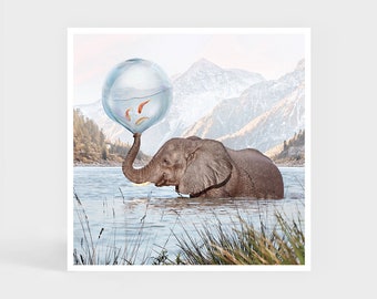 Art Print: In a Bubble • Elephant Water Fish Wall Decor • Cute Gift
